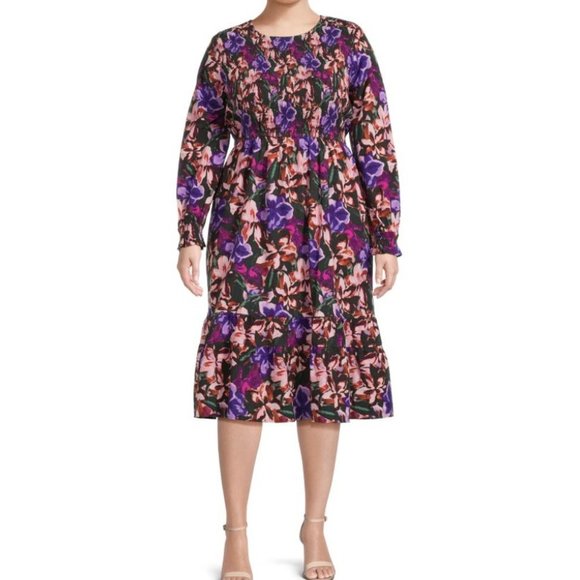 Terra & Sky Tiered Peasant Boho Smocked Midi Dress Purple Floral 3X NEW - Picture 1 of 6